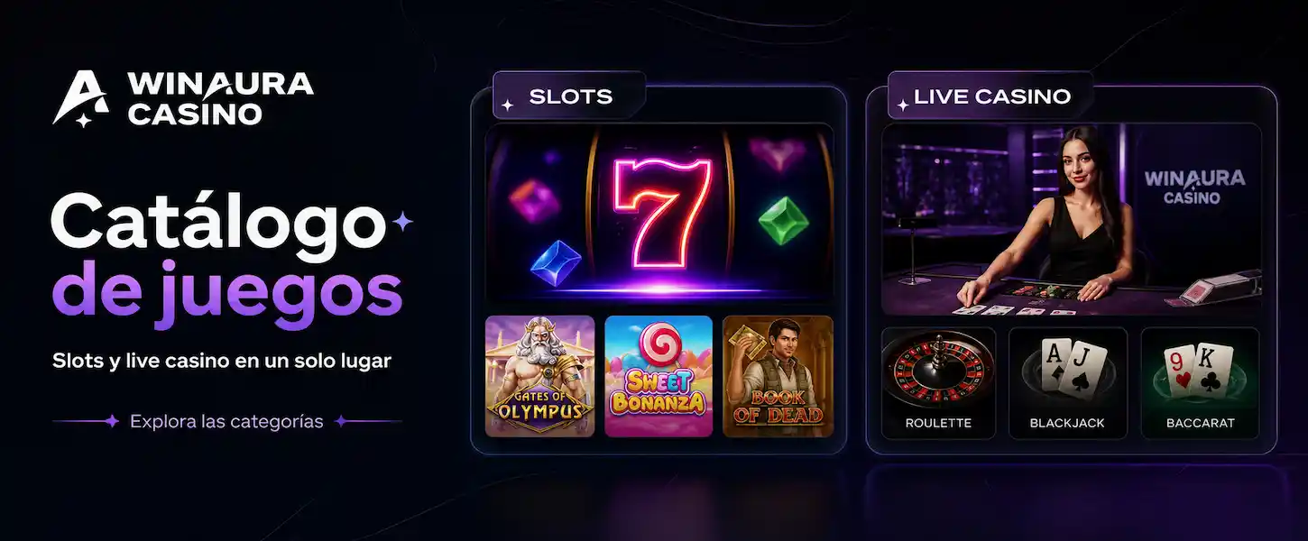 Catálogo de juegos de Winaura Casino con slots y live casino en una interfaz elegante para jugadores de España.