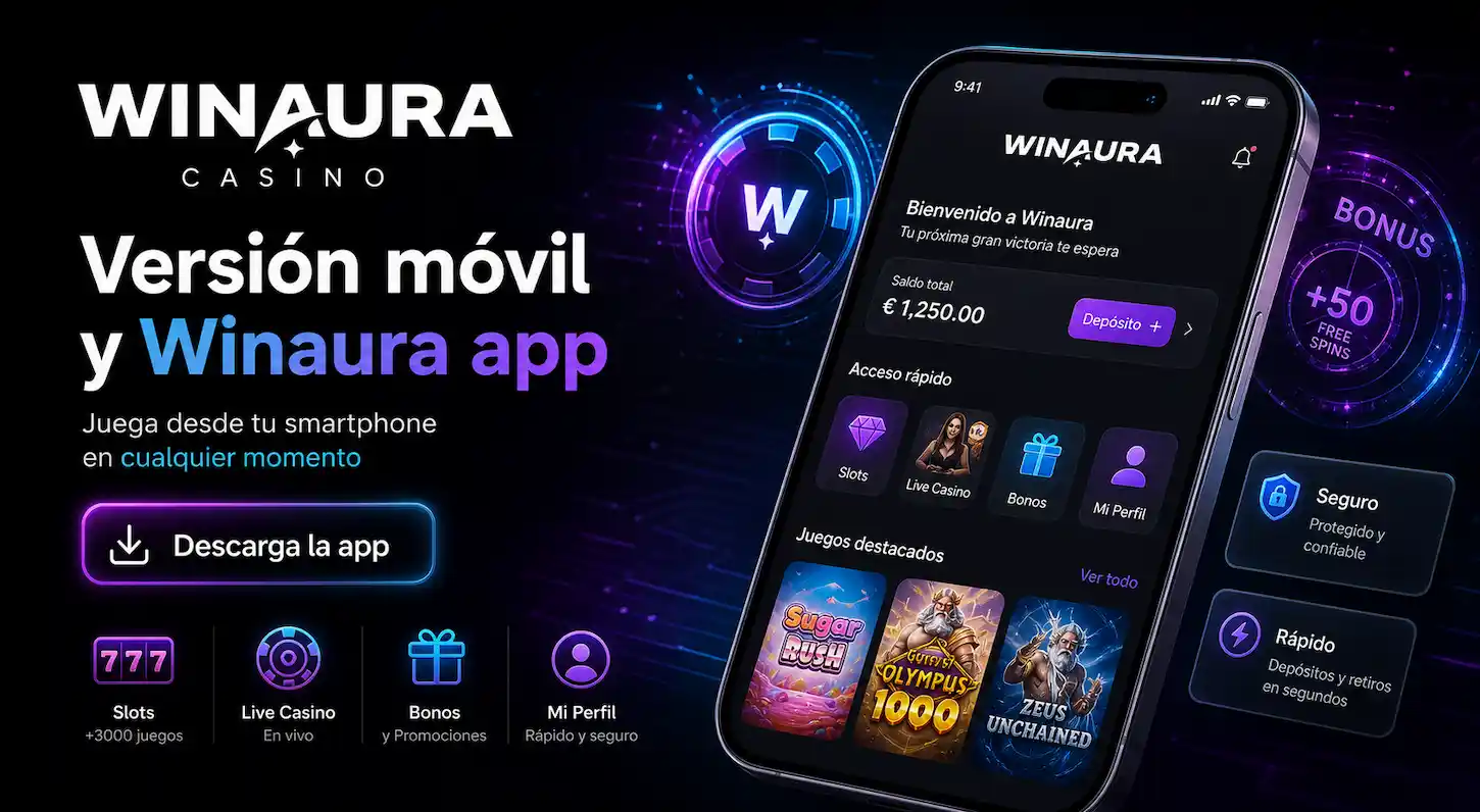 Versión móvil de Winaura Casino con un smartphone mostrando la app y acceso rápido a juegos desde España.