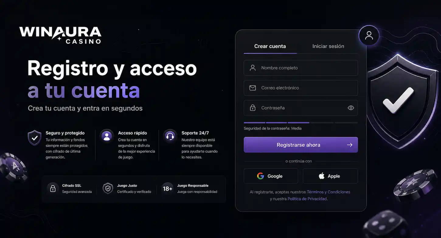 Registro y acceso a tu cuenta en Winaura Casino con una interfaz moderna para crear una cuenta y entrar en segundos.