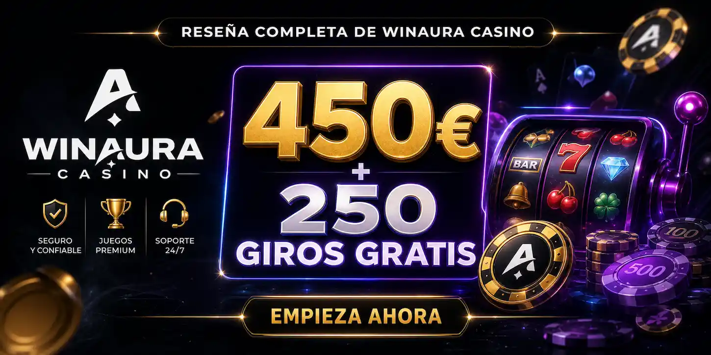 Reseña completa de Winaura Casino con un banner promocional de 450€ y 250 giros gratis para jugadores de España.